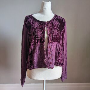 Vintage 90s Encounter Purple Mixed Media Top Button Front Floral Velvet Size P
